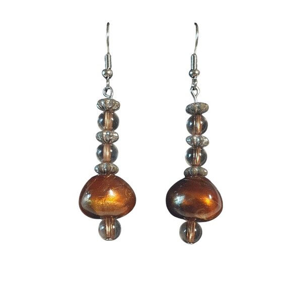 Glass Beaded Drop Earrings Dangle Hook Handcrafted Brown Round Beads Mom Gift - Picture 1 of 6